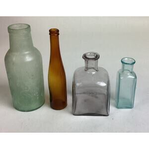 Lot Of 4 Antique Glass Bottles - Tall Green Bottle = CB A&A Bottle